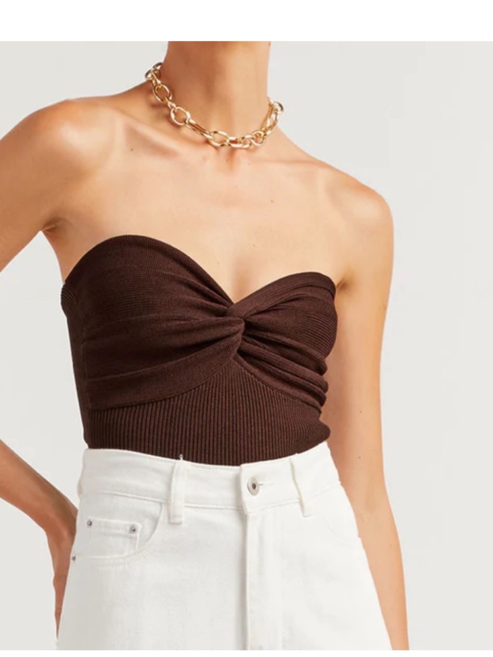 DISSH Anika Twist-Front Strapless Knit Top - Brown